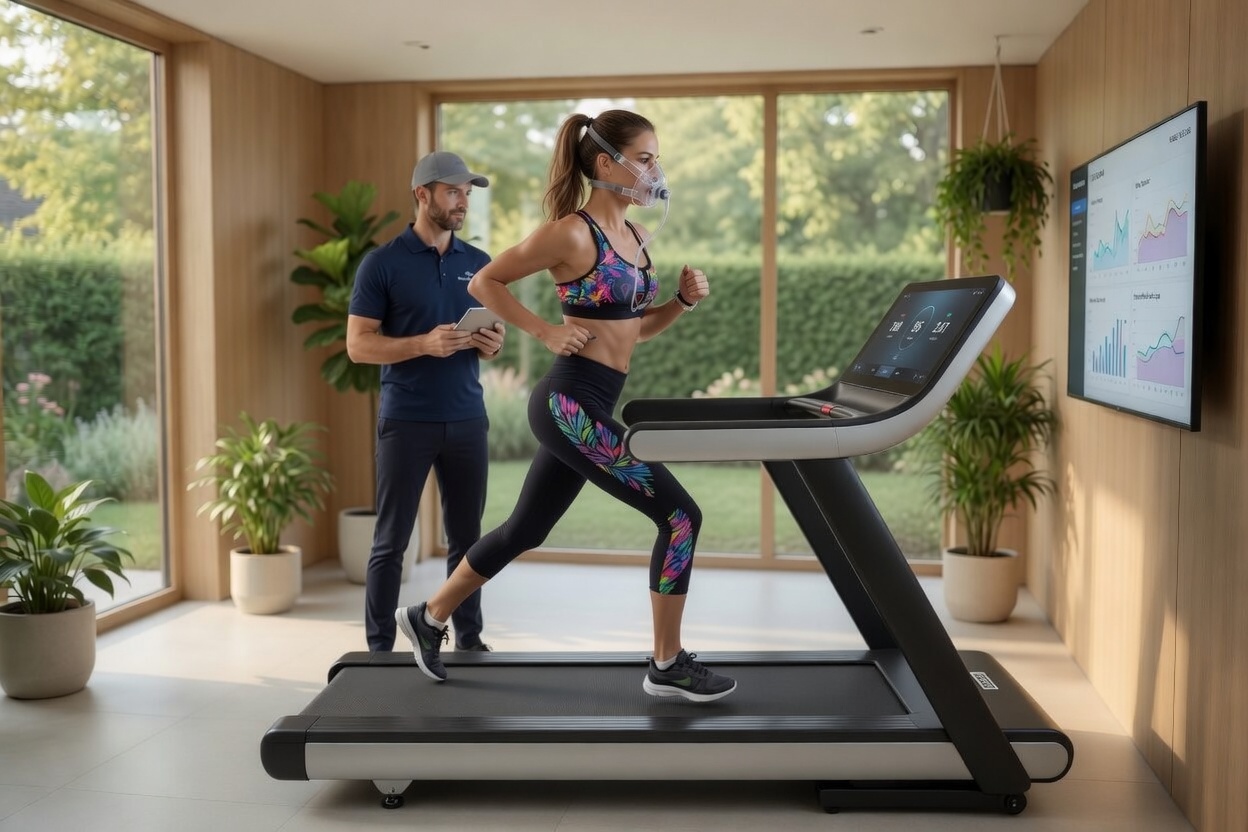 A client runs on a treadmill wearing a VO₂max metabolic mask while a Hexis Studio specialist reviews live results